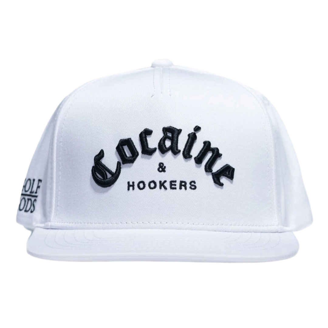 GOLF GODS - GOLF GODS Cocaine & Hookers Golf Hat in White with Flat Brim - Flex-Fit S/M - The Agora Bangkok