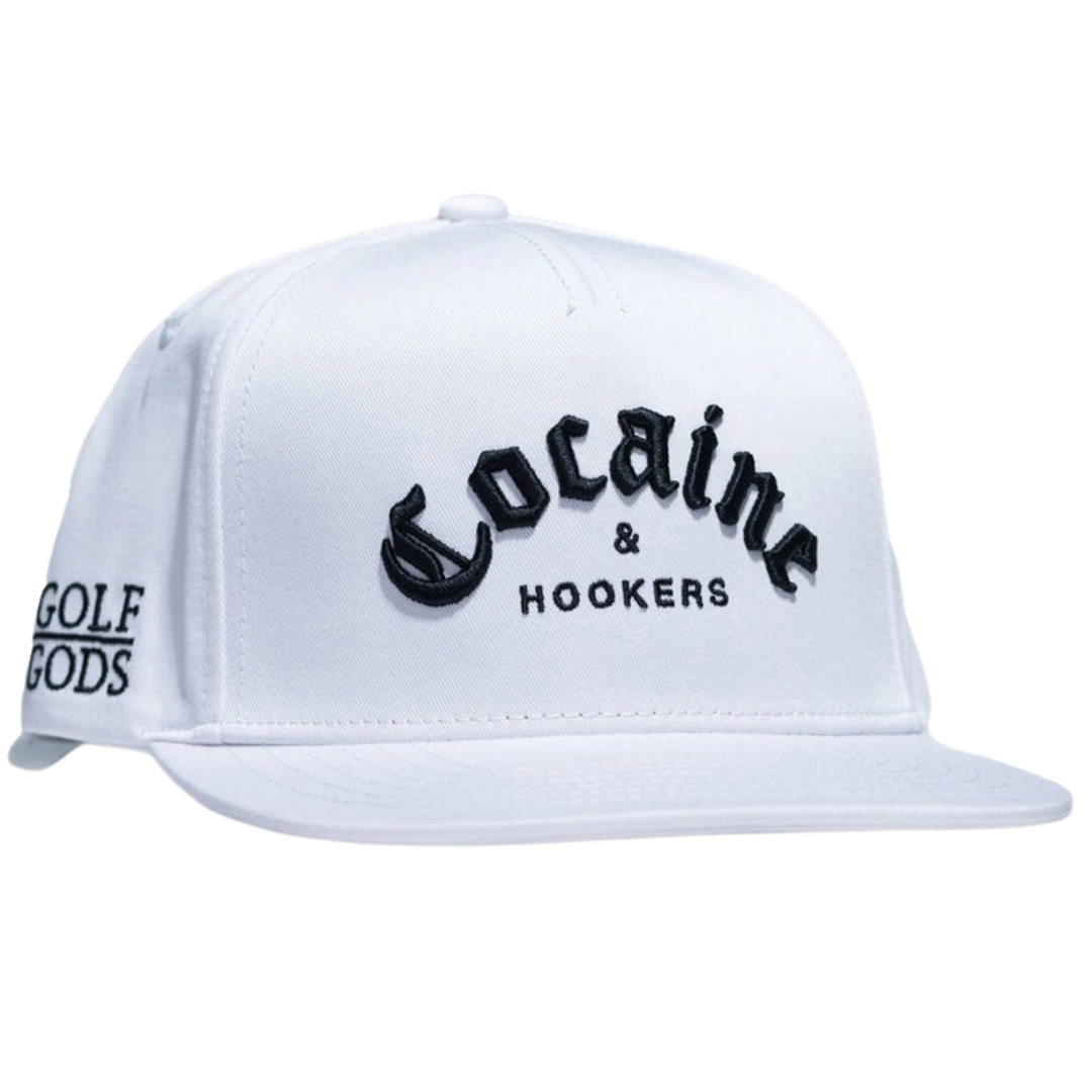 GOLF GODS - GOLF GODS Cocaine & Hookers Golf Hat in White with Flat Brim - Flex-Fit S/M - The Agora Bangkok