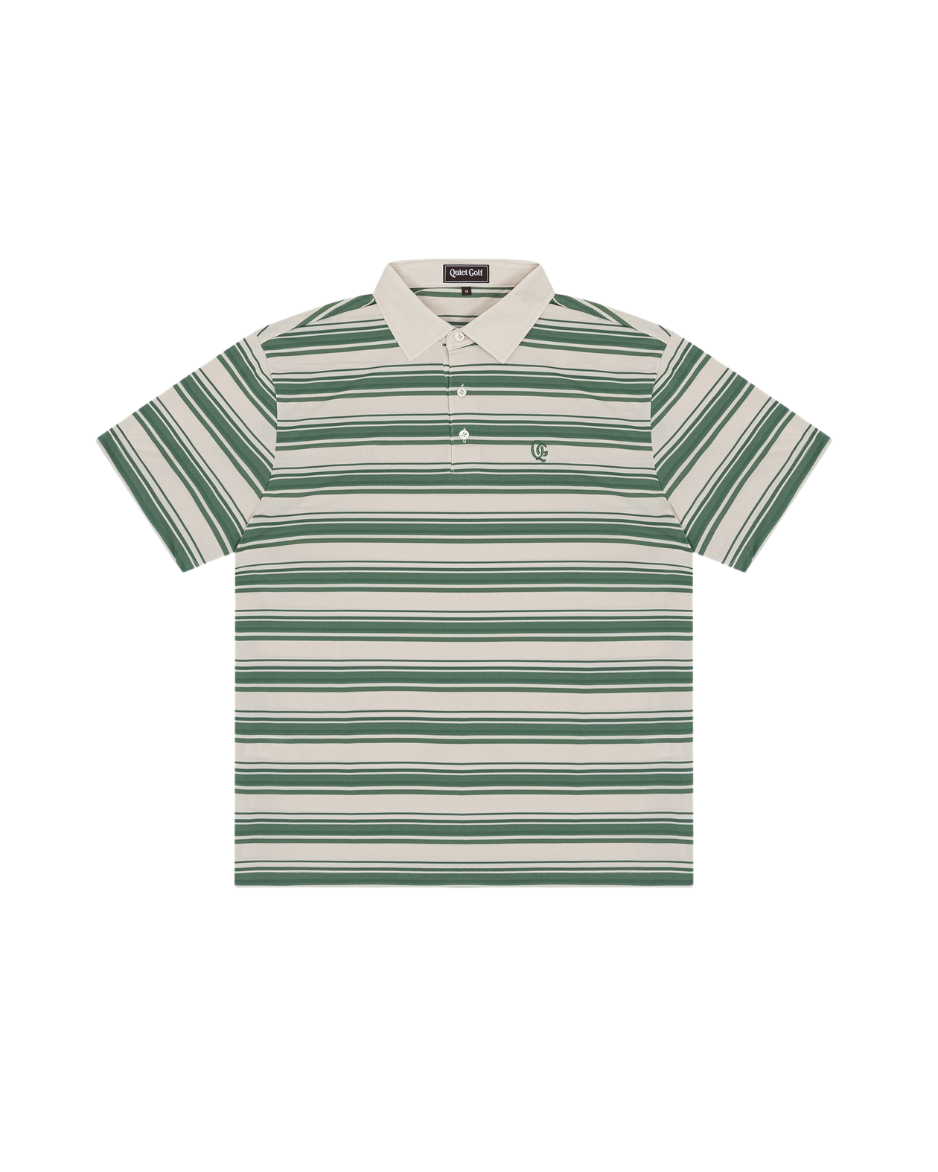 QUIET GOLF Men's Monogram Striped Polo Olive Front