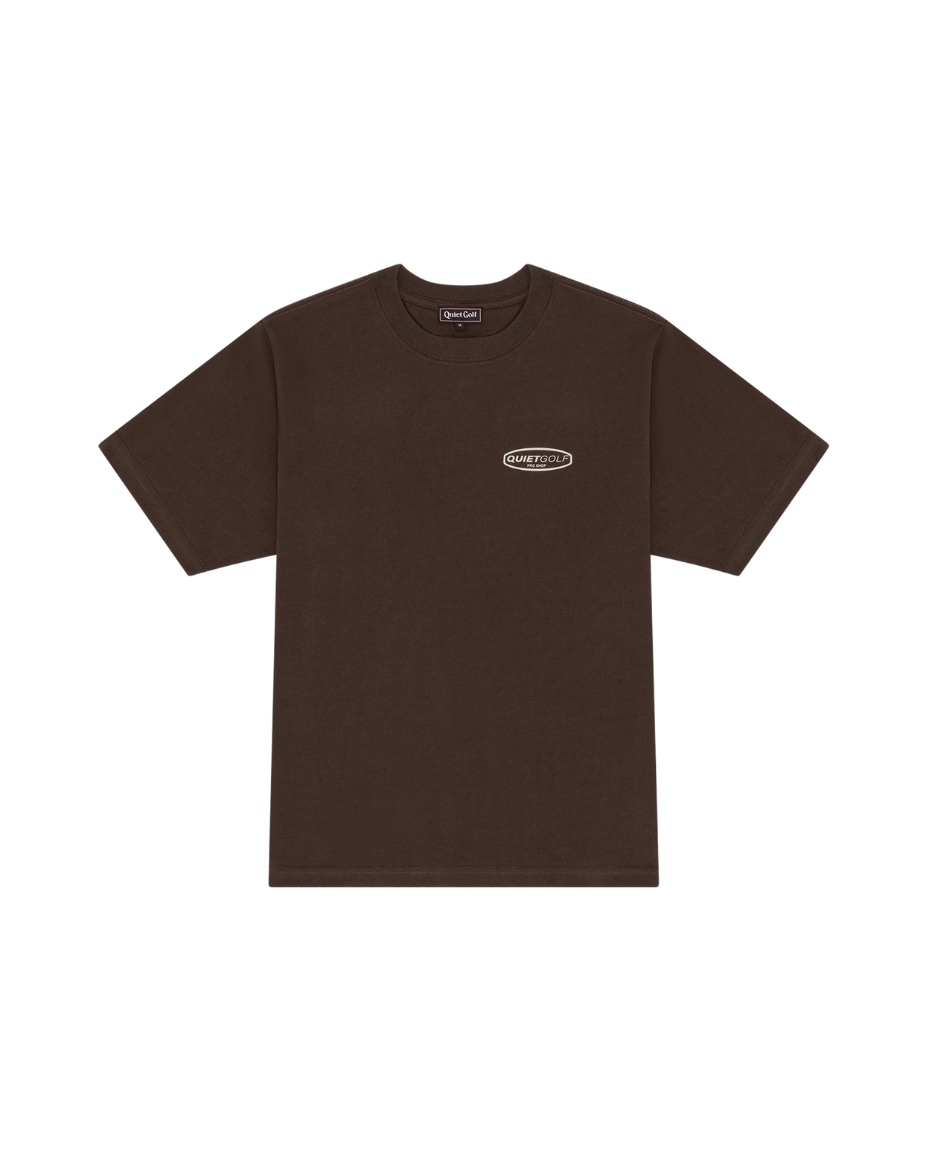 QUIET GOLF Men's Pro Shop T-Shirt Brown Front