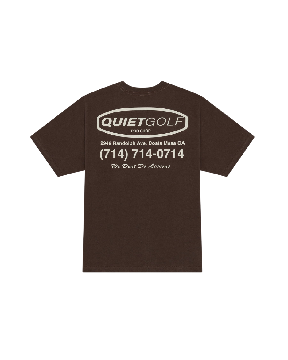 QUIET GOLF Men's Pro Shop T-Shirt Brown Back